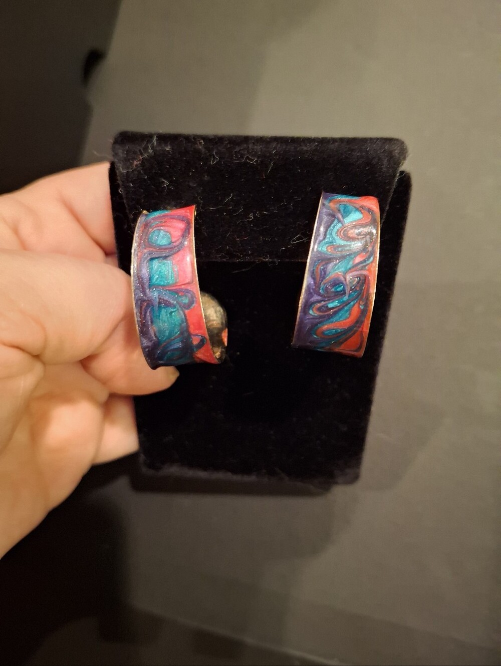 Colorful Swirl Hoop Earrings - Red, Teal & Purple Sarah Coventry - Picture 6 of 6